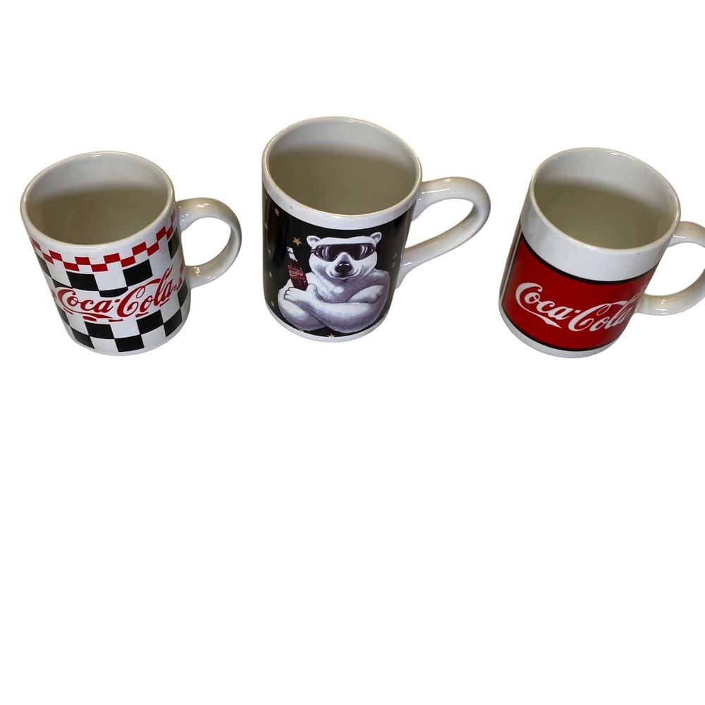 Vintage Coca-Cola Gibson Coffee Mug Lot Polar Bear Checkerboard Red Cup Set 3